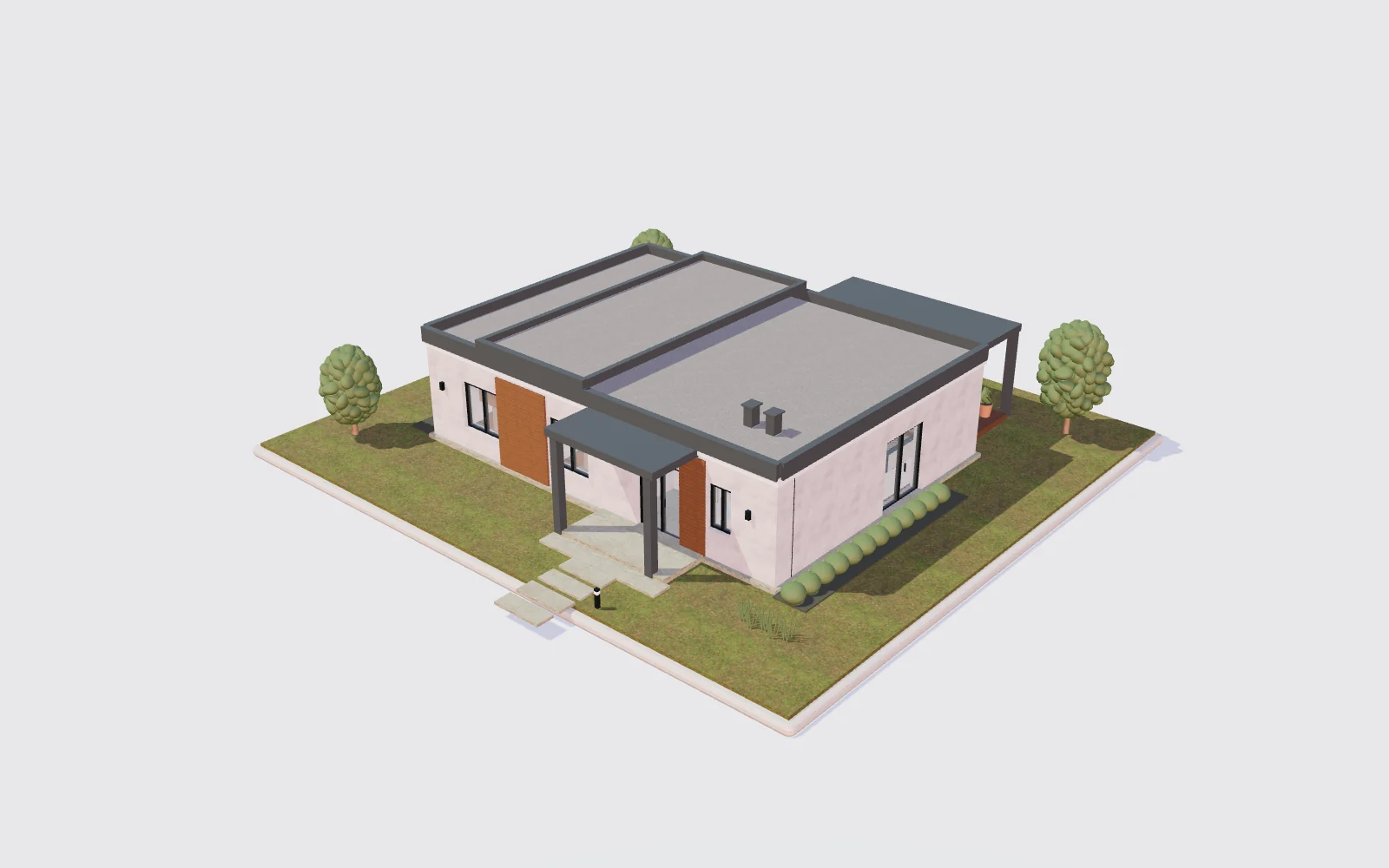 Three-dimensional house with a flat roof, terrace and landscaped surroundings